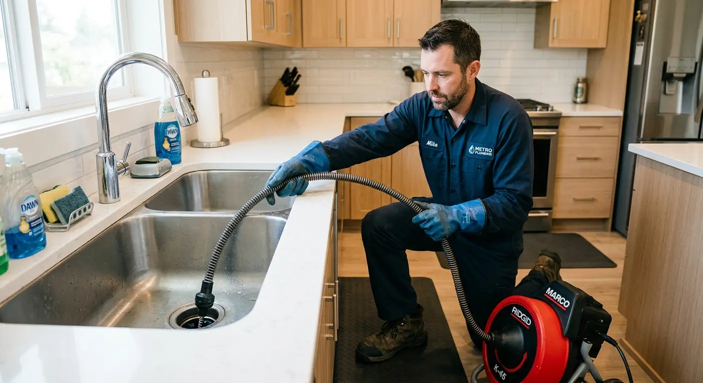 Drain cleaning technician using a motorized snake on a kitchen sink in Seven Hills