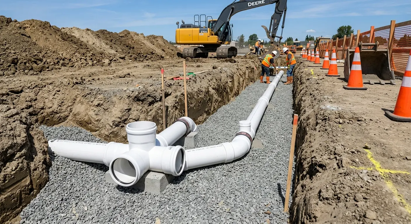 New PVC sewer pipe installation in open trench for Sewer Backup in Seven Hills
