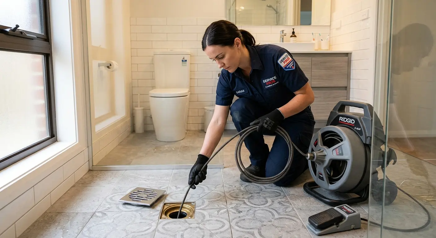 Technician clearing a bathroom floor drain for Sewer Line Replacement in Seven Hills